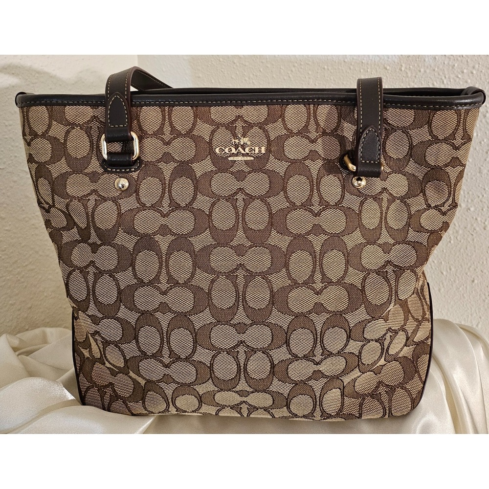 Coach Tote Signature "C" Jacquard/Leather/ Beige/Brown/Gold accents - Picture 3 of 16